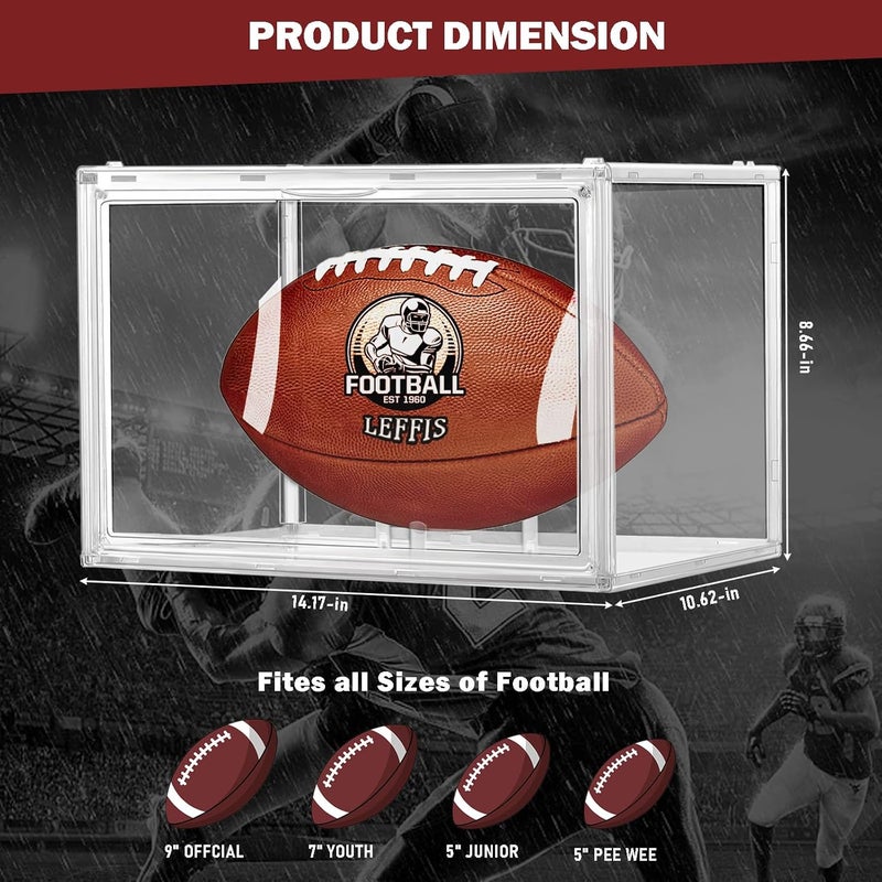 Leffis 2 Pack Football Display Case, Football Case Display Case, Memorabilia Display Cases with Magnetic Door and Removable Football Stand for Autographed Football (Assembly Required) - Image 2